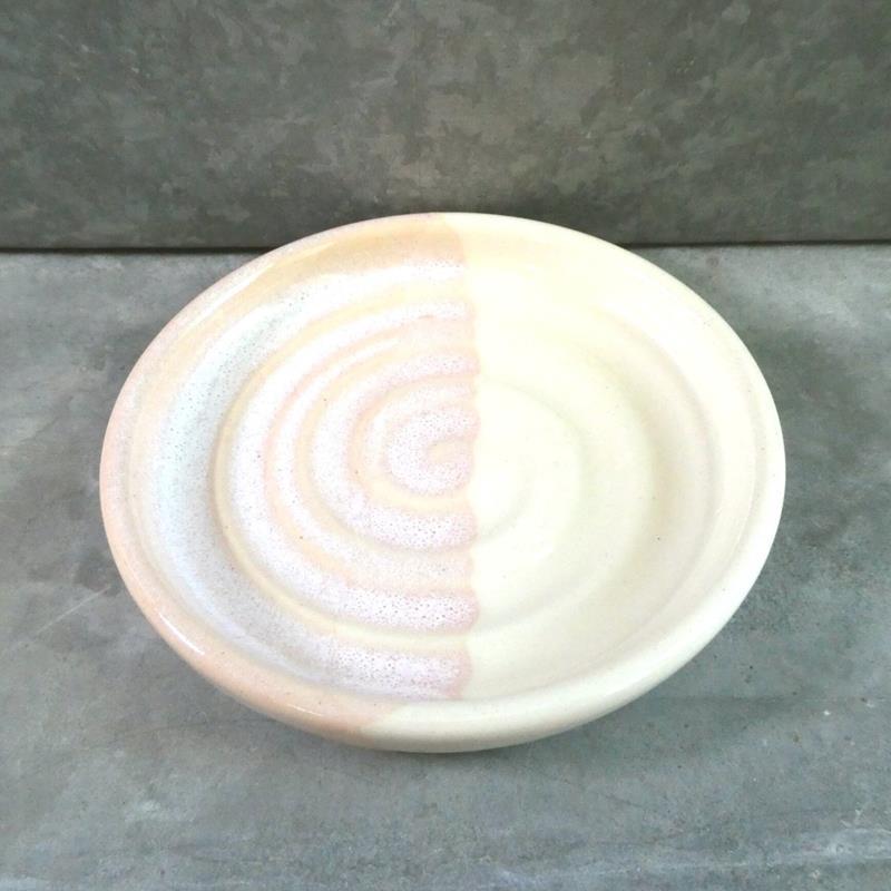 HAND THROWN SOAP DISH: PINK AND WHITE,BECKY WRIGHT POTTERY LLC,SOAP PINK & WHITE