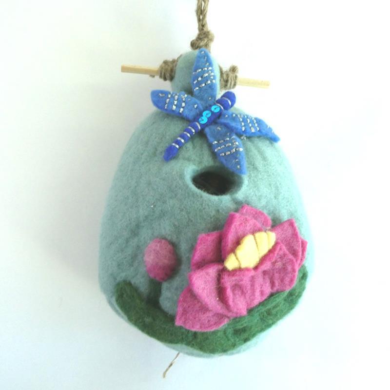 FELT BIRDHOUSE: DRAGONFLY AND LOTUS,DZI HANDMADE,484-086