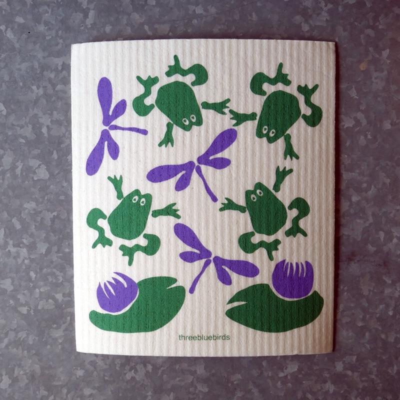 FROGS & FLIES SWEDISH DISHCLOTH,THREE BLUEBIRDS