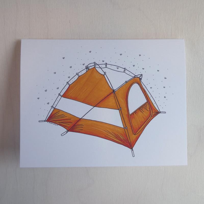 TENT WITH BLACK FLIES CARD,3 LEGGED DOG INK