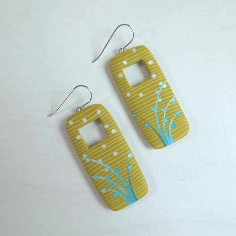 RECTANGULAR WINDOW EARRINGS: CHARTREUSE AND TURQUOISE,BONNIE BISHOFF,RECT WIND CHARTTURQ