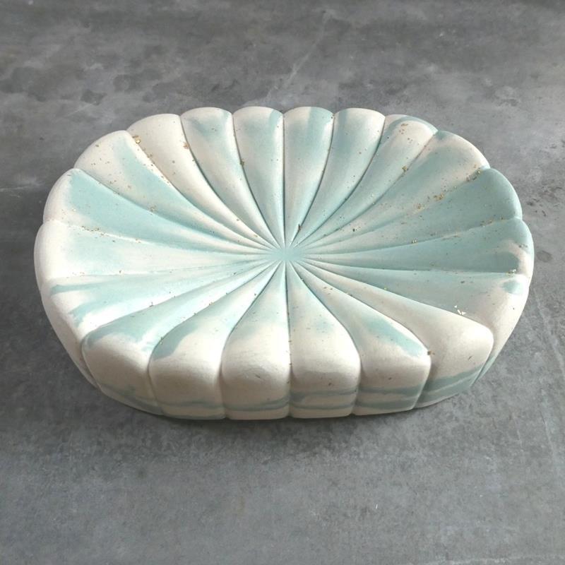 CONCRETE SCALLOP SOAP DISH: SEAFOAM GREEN AND WHITE,BOUJEEBEE,SCALL SOAP GILDED