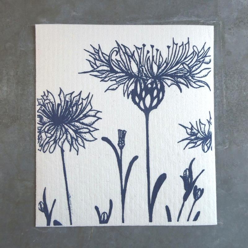 SCREENPRINTED SWEDISH DISHCLOTH: BACHELOR BUTTONS,FOUR AND NORTH,DARK PURPLE INK