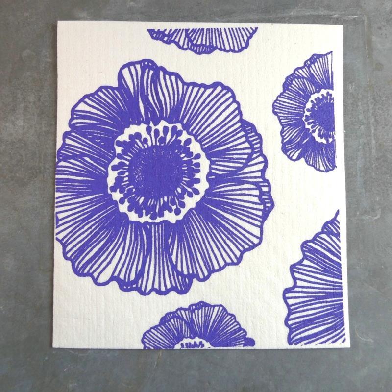 SCREENPRINTED SWEDISH DISHCLOTH: ANEMONES,FOUR AND NORTH,DARK PURPLE INK